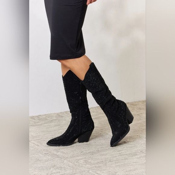 Forever Link Designer Black Rhinestone Knee High Cowboy Boots - Picture 3 of 7
